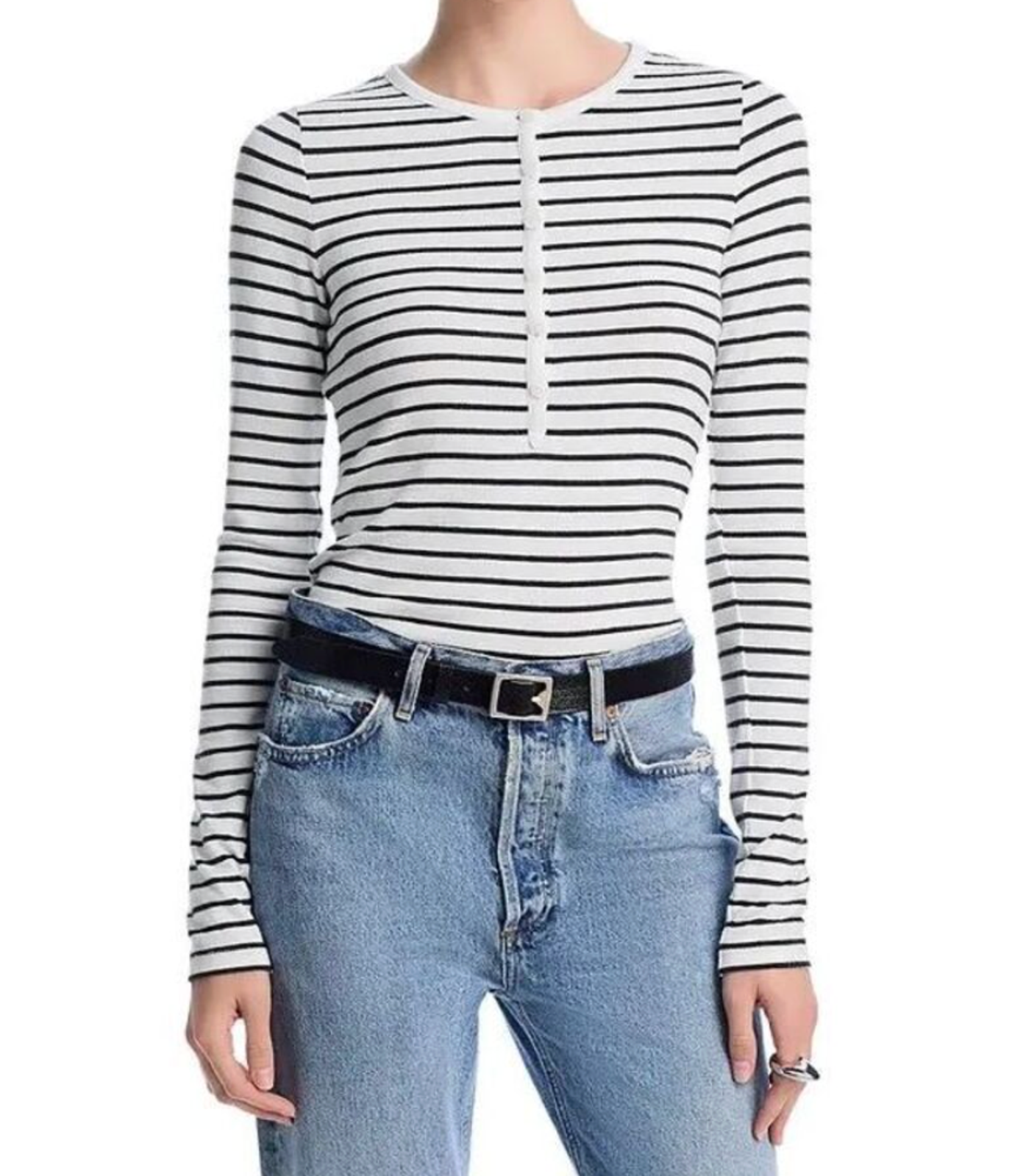 New Rag & Bone Knit Stripe Henley Top Long Sleeve Black White Xs